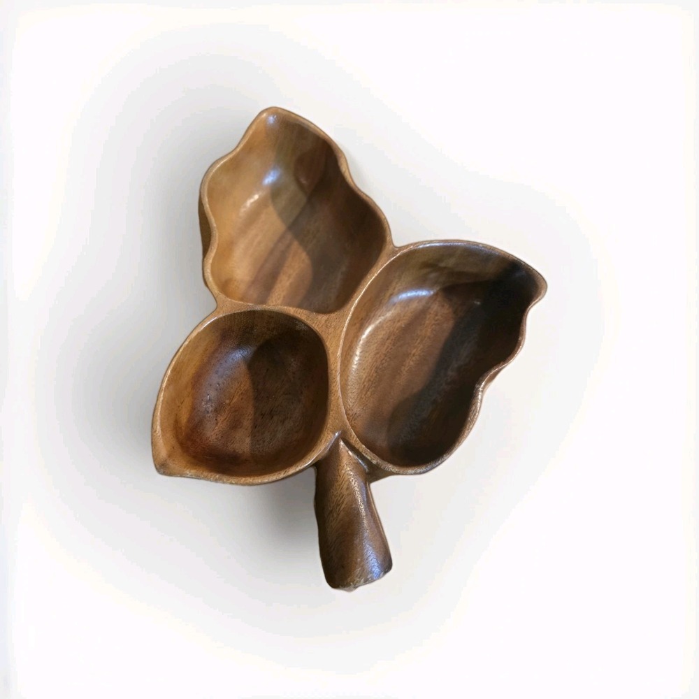 Vintage Monkey Pod Wood Leaf Shape Divided Bowl Dish MCM Mid Century Kraftware